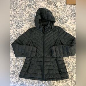 Dark Charcoal Gray/ Black Lightweight Puffer Jacket with Hood. Like new!